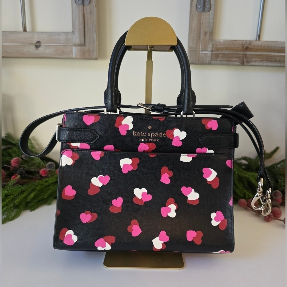 Kate Spade Medium Staci Flutter Hearts Satchel-Crossbody Black Saffiano Leather